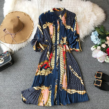 Load image into Gallery viewer, Women's summer print shirt dress long sleeve stand collar waist tie print dress loose chiffon pleated dress large size fashion