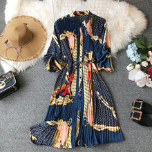 Load image into Gallery viewer, Women's summer print shirt dress long sleeve stand collar waist tie print dress loose chiffon pleated dress large size fashion
