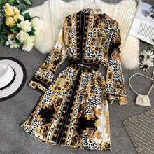 Load image into Gallery viewer, Women's summer print shirt dress long sleeve stand collar waist tie print dress loose chiffon pleated dress large size fashion