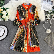Load image into Gallery viewer, Women's summer print shirt dress long sleeve stand collar waist tie print dress loose chiffon pleated dress large size fashion